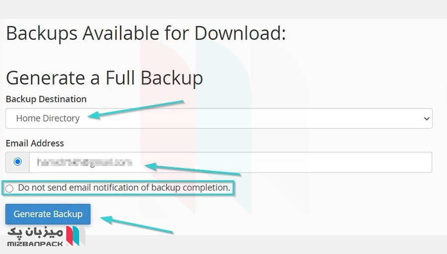 روی Generate Backup کلیک کنید