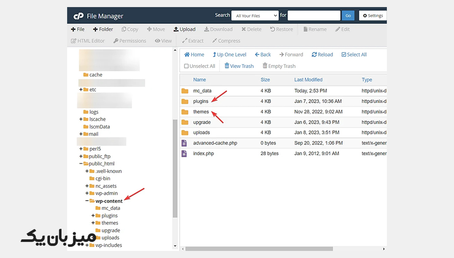 پوشه plugins یا themes را باز کنید.