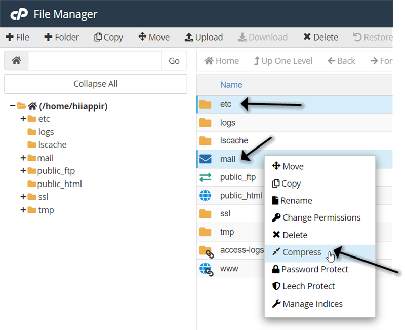 دایرکتوری‌های mail و etc را انتخاب کرده و گزینه Compress